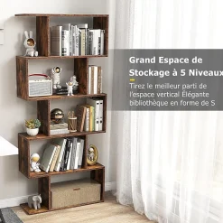 Bibliotheque, Etagere de Rangement en Forme S Style Industriel Meuble de Rangement Polyvalent en Bois-5 Etageres,Marron