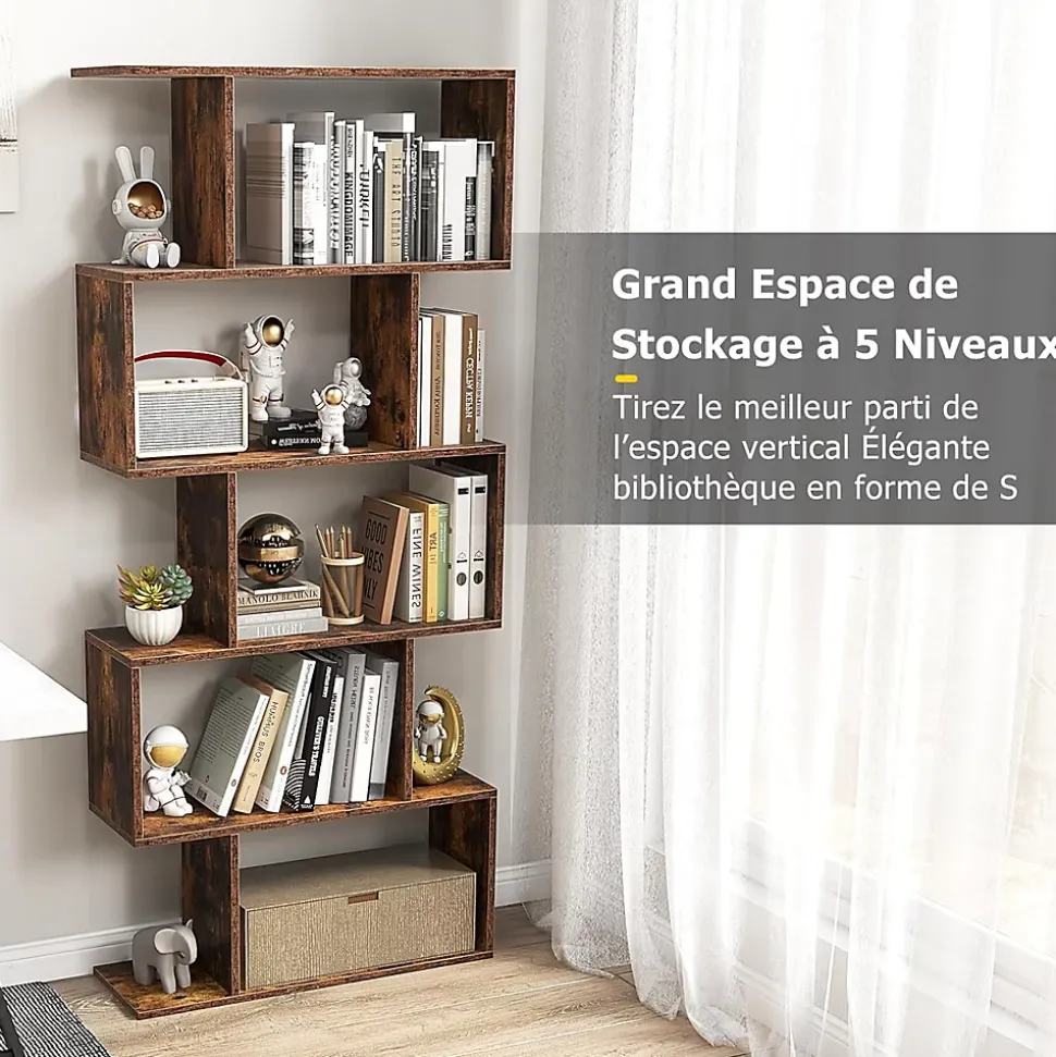 Bibliotheque, Etagere de Rangement en Forme S Style Industriel Meuble de Rangement Polyvalent en Bois-5 Etageres,Marron