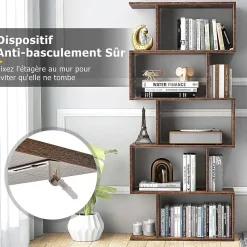 Bibliotheque, Etagere de Rangement en Forme S Style Industriel Meuble de Rangement Polyvalent en Bois-5 Etageres,Marron