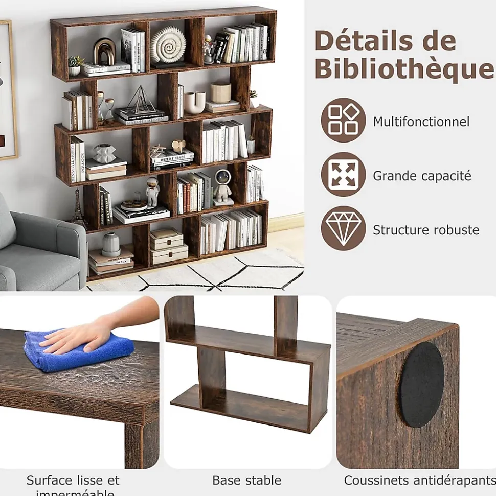 Bibliotheque, Etagere de Rangement en Forme S Style Industriel Meuble de Rangement Polyvalent en Bois-5 Etageres,Marron