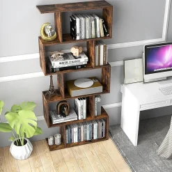 Bibliotheque, Etagere de Rangement en Forme S Style Industriel Meuble de Rangement Polyvalent en Bois-5 Etageres,Marron