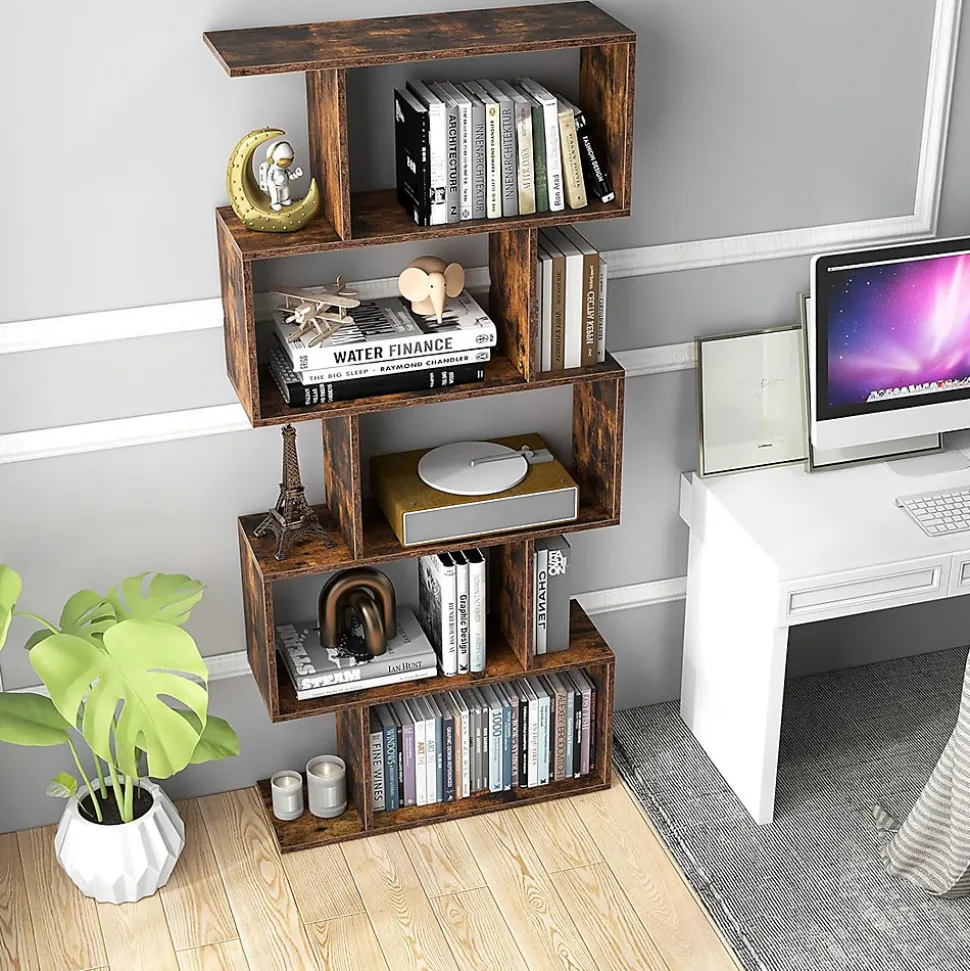 Bibliotheque, Etagere de Rangement en Forme S Style Industriel Meuble de Rangement Polyvalent en Bois-5 Etageres,Marron