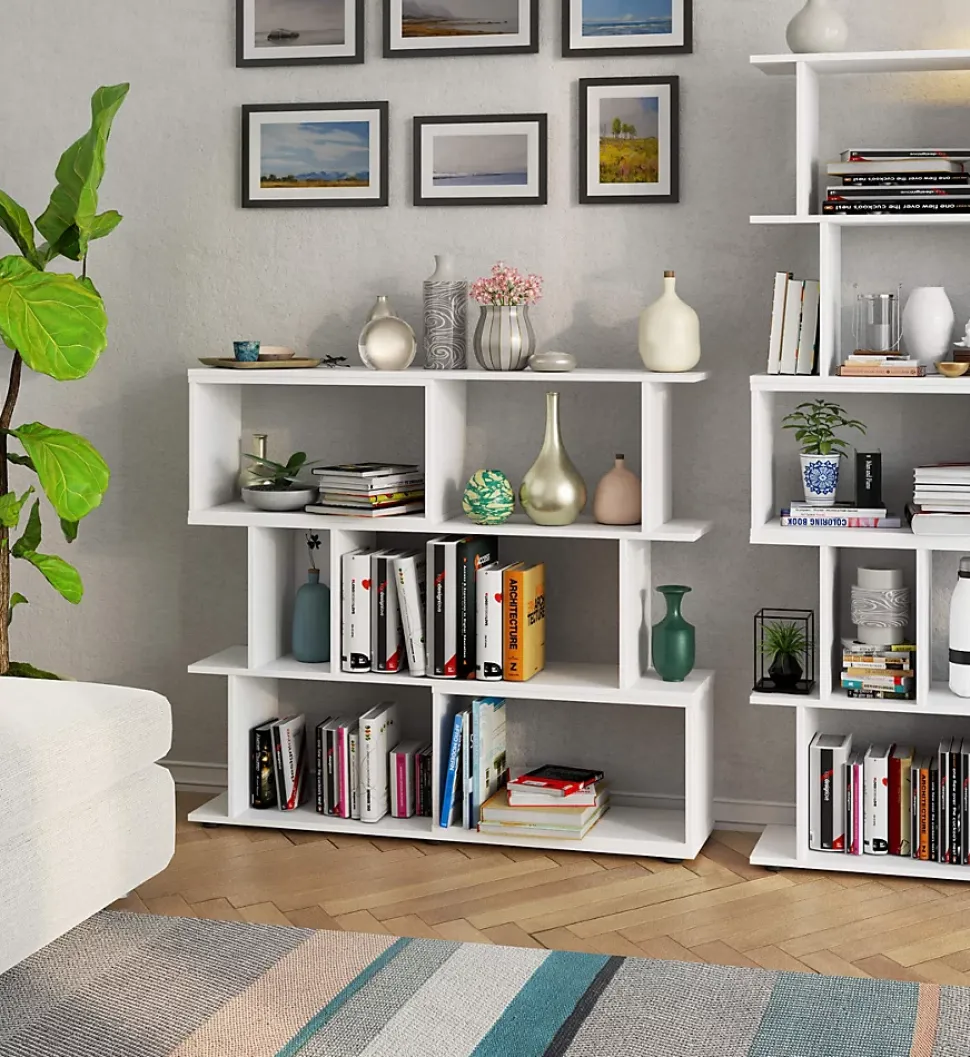 Bibliotheque FIX Blanche 120 cm façade Blanche 6 étagères 120x28,4x107,5 cm