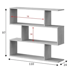 Bibliotheque Hampton, Bibliotheque basse double face, Etagere à trois compartiments, 110x24h97 cm, Gris béton