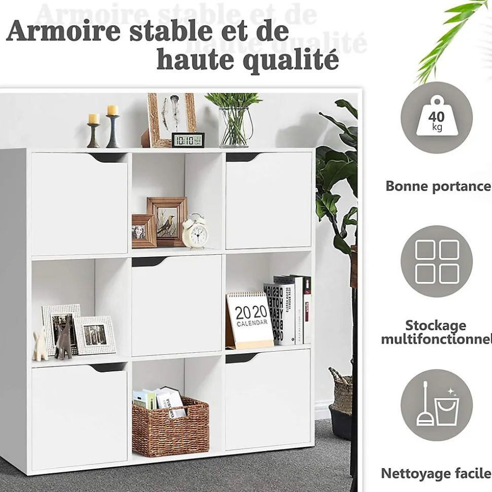 Bibliotheque Meuble de Rangement 9 Compartiments, Etagere de Rangement avec 5 Portes, Montage Facile, Ideal pour Bureau, Salon