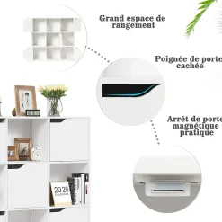 Bibliotheque Meuble de Rangement 9 Compartiments, Etagere de Rangement avec 5 Portes, Montage Facile, Ideal pour Bureau, Salon