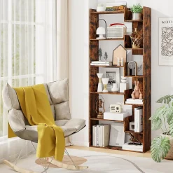 Bibliotheque pour Salon en Bois à 6 Niveaux, Bibliothèque Meuble de Rangement Haut avec Kit Anti-basculement