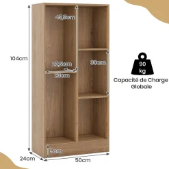 Bibliothèque à 5 Cubes Ouverts 50 x 24 x 104 cm avec Dispositif Anti-basculement Naturel