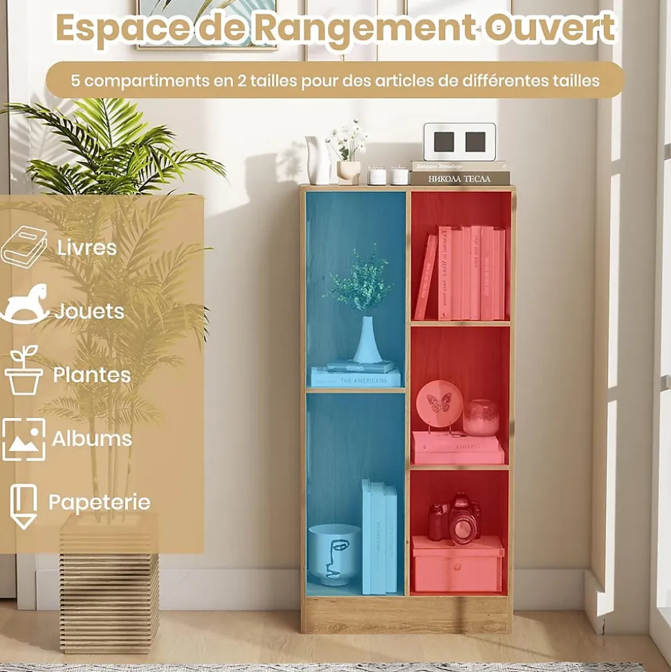 Bibliothèque à 5 Cubes Ouverts 50 x 24 x 104 cm avec Dispositif Anti-basculement Naturel