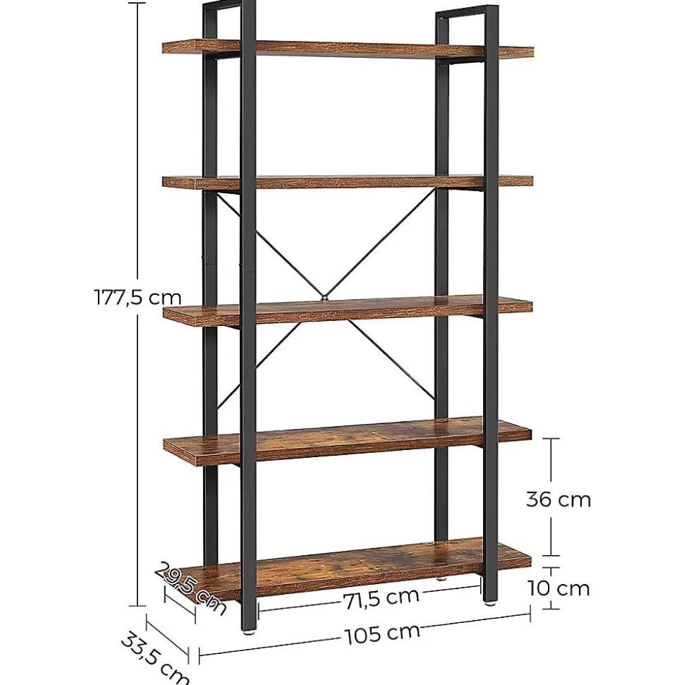 Bibliothèque à 5 niveaux en métal et effet bois - L105 x 177,5 cm