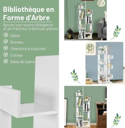 Bibliothèque à 8 Niveaux Forme Arbre Charge 80kg étagère de Rangement de Bureau avec Dispositif Anti Basculement Blanc