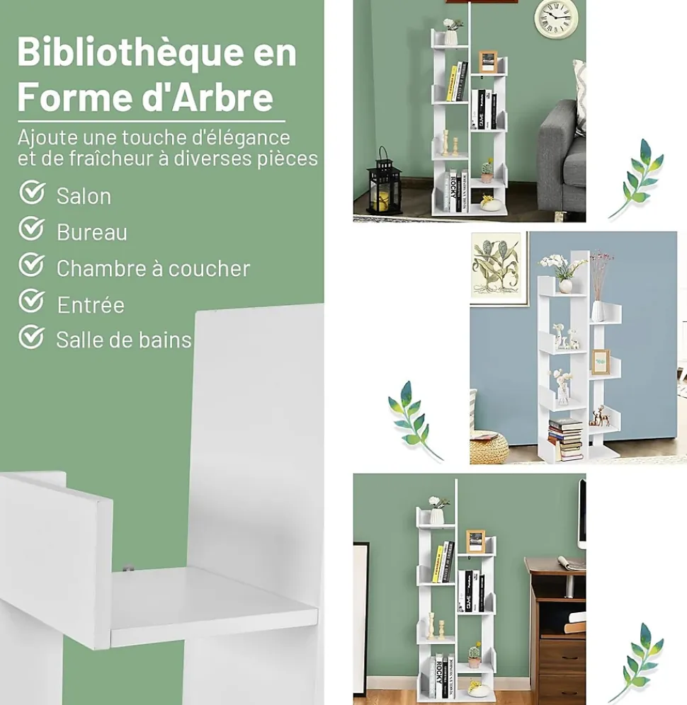 Bibliothèque à 8 Niveaux Forme Arbre Charge 80kg étagère de Rangement de Bureau avec Dispositif Anti Basculement Blanc