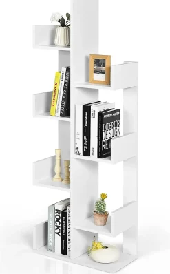 Bibliothèque à 8 Niveaux Forme Arbre Charge 80kg étagère de Rangement de Bureau avec Dispositif Anti Basculement Blanc