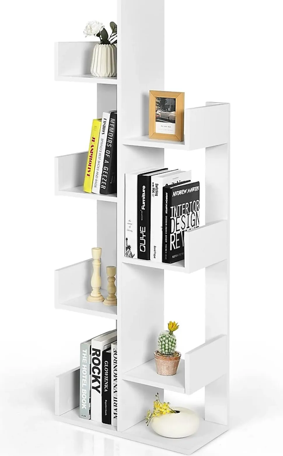 Bibliothèque à 8 Niveaux Forme Arbre Charge 80kg étagère de Rangement de Bureau avec Dispositif Anti Basculement Blanc