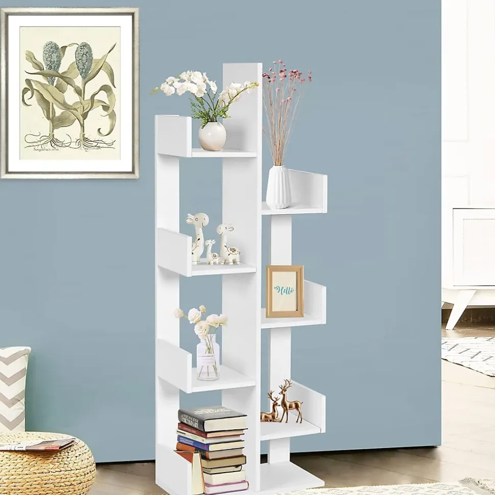 Bibliothèque à 8 Niveaux Forme Arbre Charge 80kg étagère de Rangement de Bureau avec Dispositif Anti Basculement Blanc