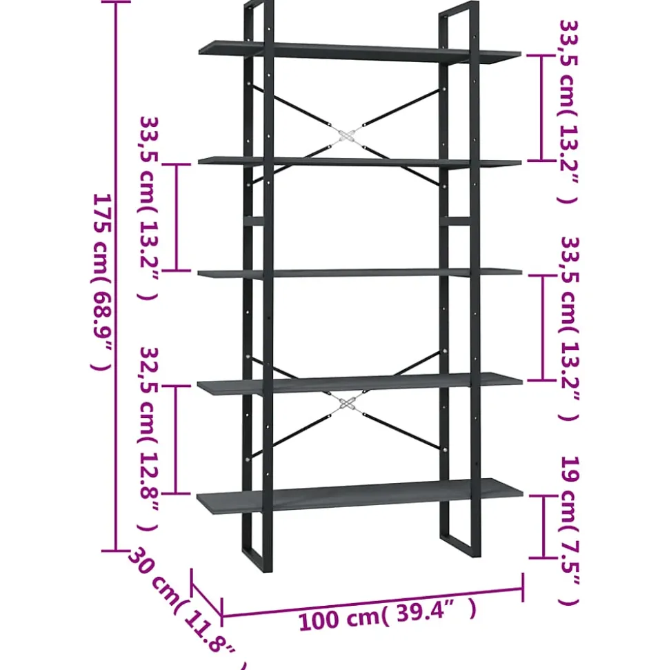 Bibliothèque à 5 niveaux Gris 100x30x175 cm Bois de pin vidaXL
