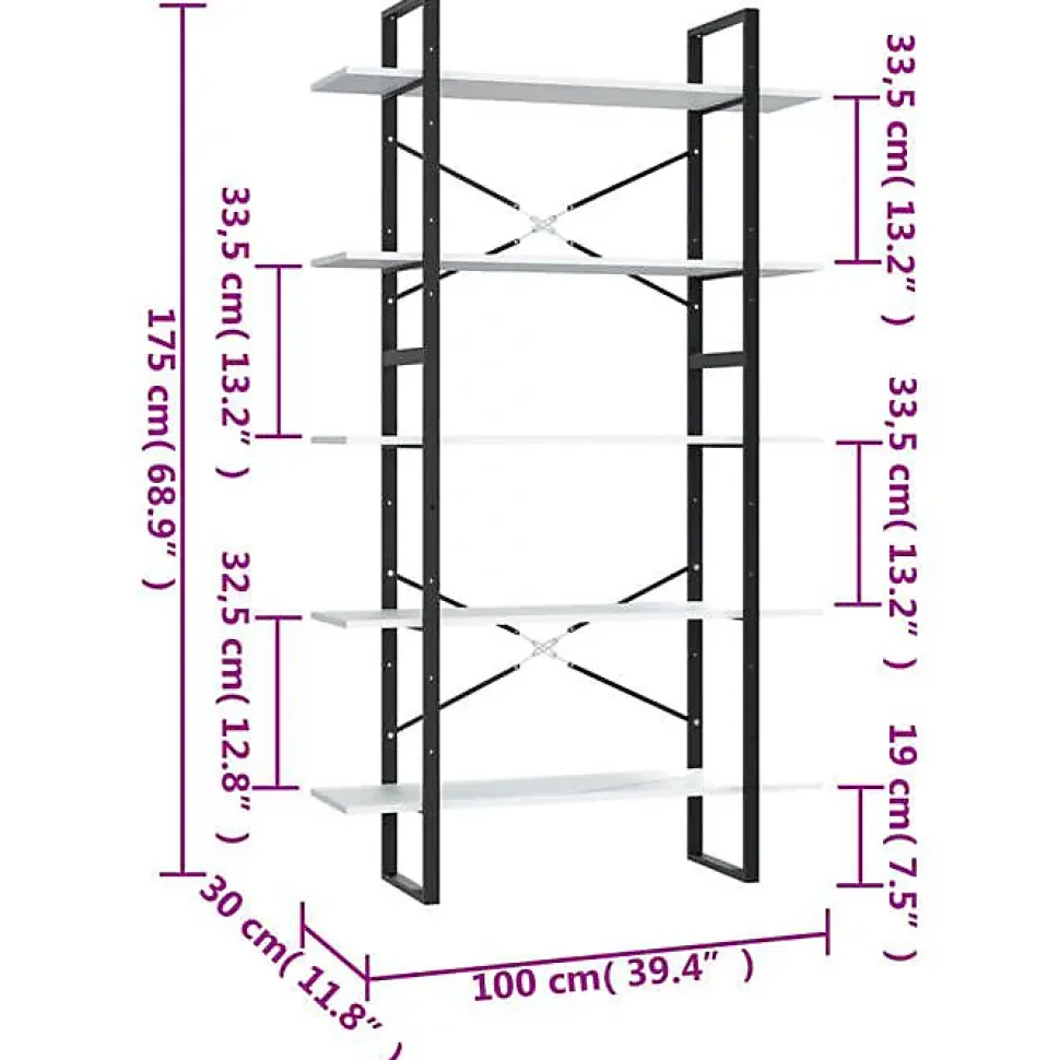 Bibliothèque à 5 niveaux Gris 100x30x175 cm Bois de pin vidaXL