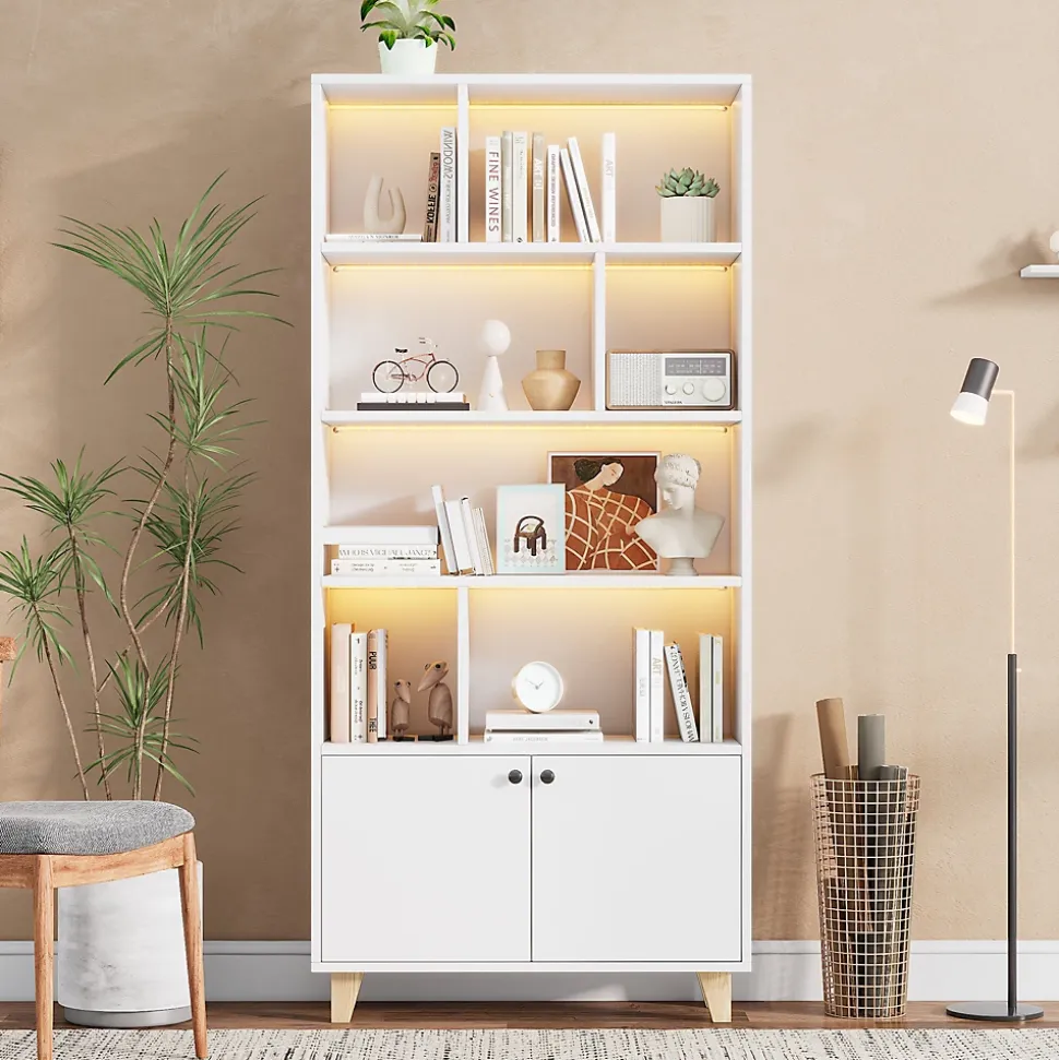 Bibliothèque - 4 Étagères - 2 Portes - Bois de Pin et MDF - Télécommande LED - 80 x 30 x 173 cm - Blanc