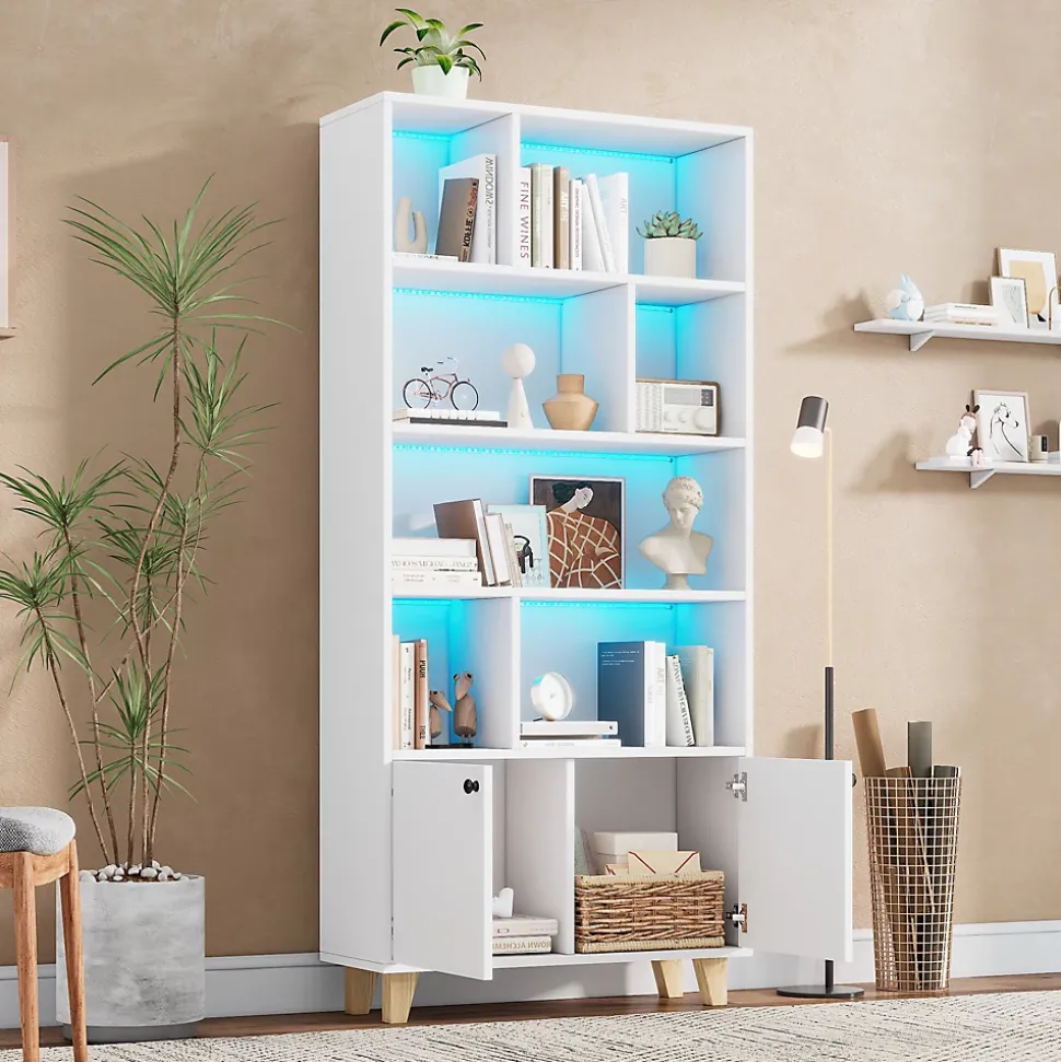 Bibliothèque - 4 Étagères - 2 Portes - Bois de Pin et MDF - Télécommande LED - 80 x 30 x 173 cm - Blanc