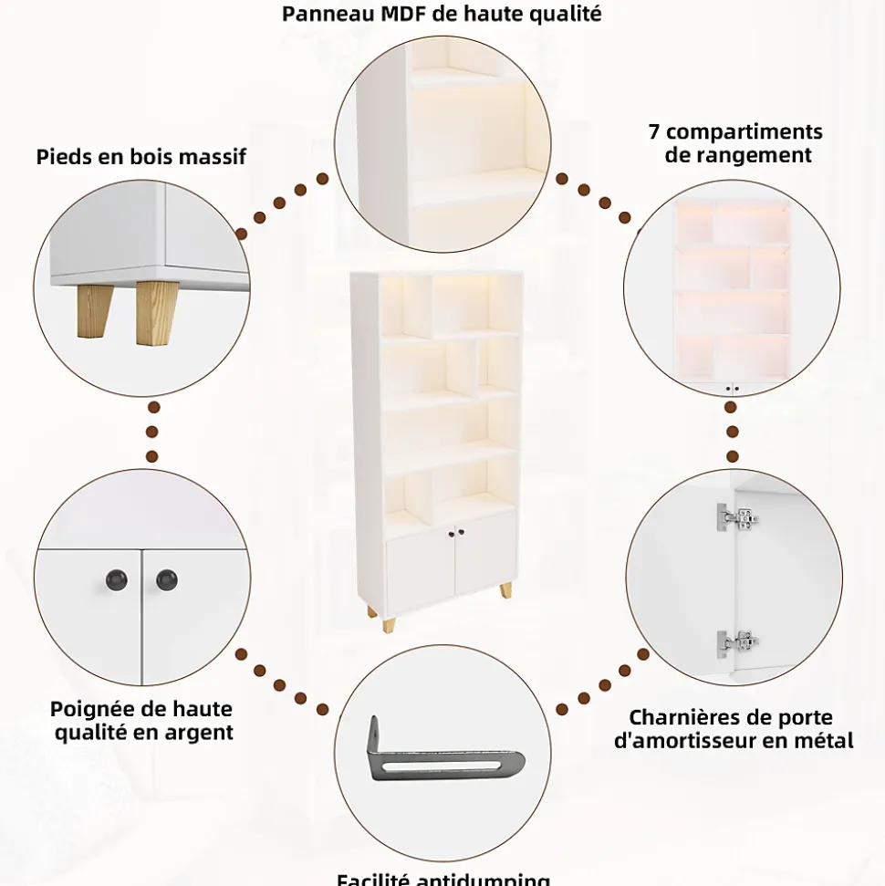 Bibliothèque - 4 Étagères - 2 Portes - Bois de Pin et MDF - Télécommande LED - 80 x 30 x 173 cm - Blanc