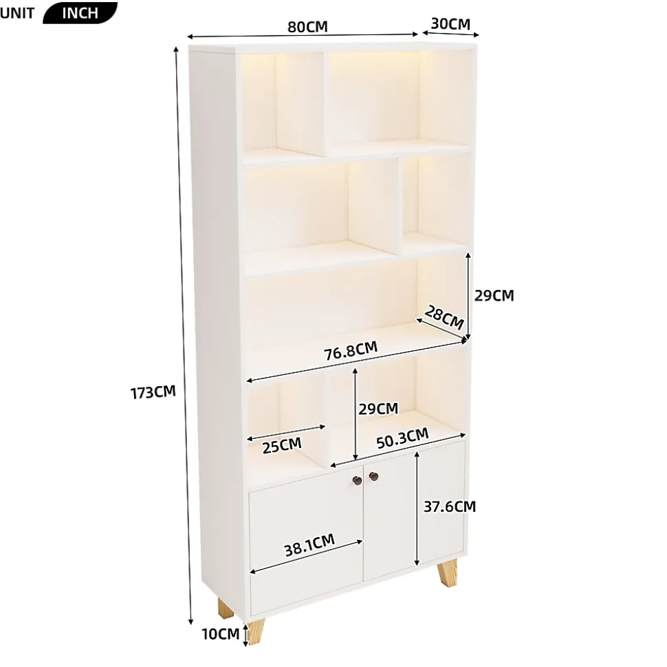 Bibliothèque - 4 Étagères - 2 Portes - Bois de Pin et MDF - Télécommande LED - 80 x 30 x 173 cm - Blanc