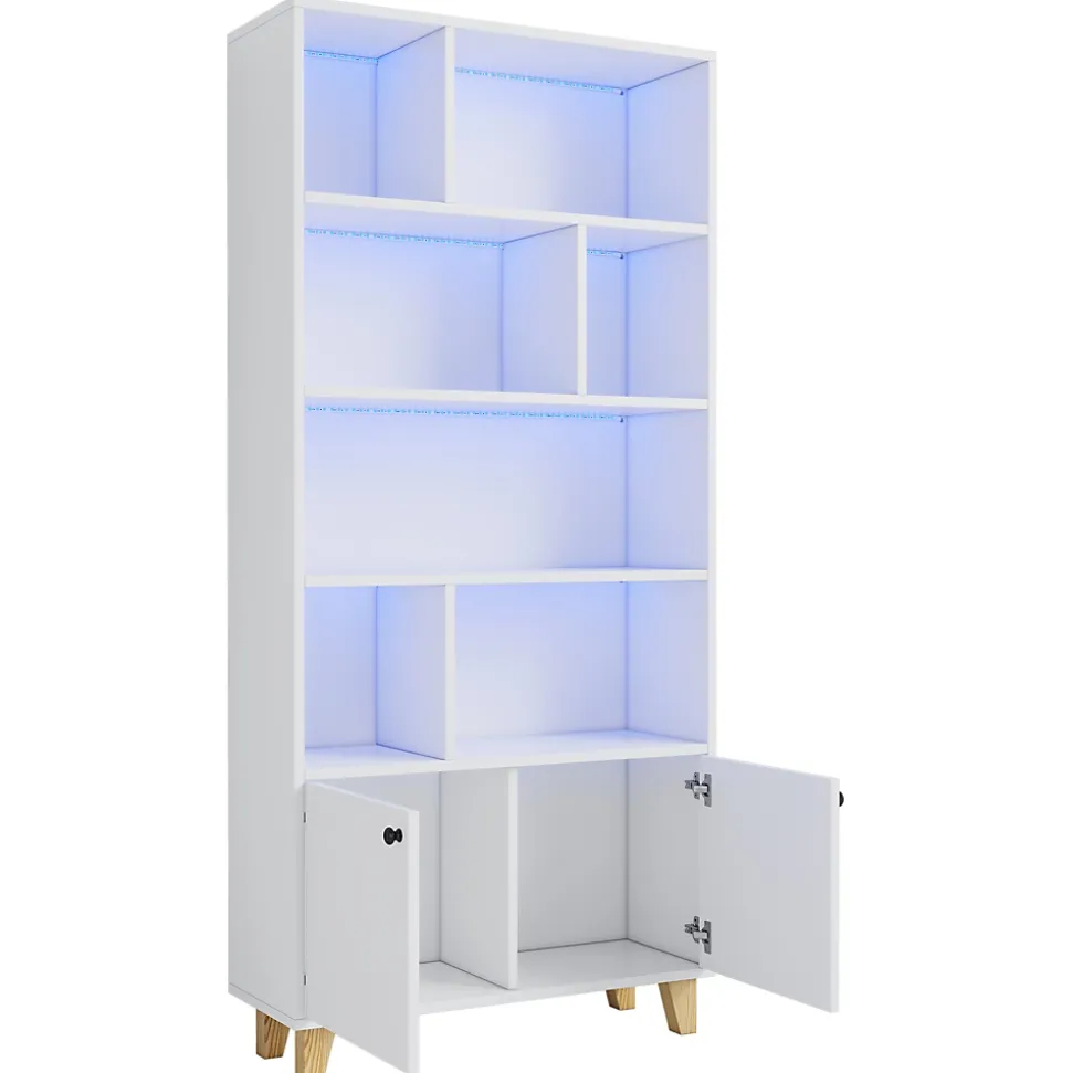 Bibliothèque - 4 Étagères - 2 Portes - Bois de Pin et MDF - Télécommande LED - 80 x 30 x 173 cm - Blanc