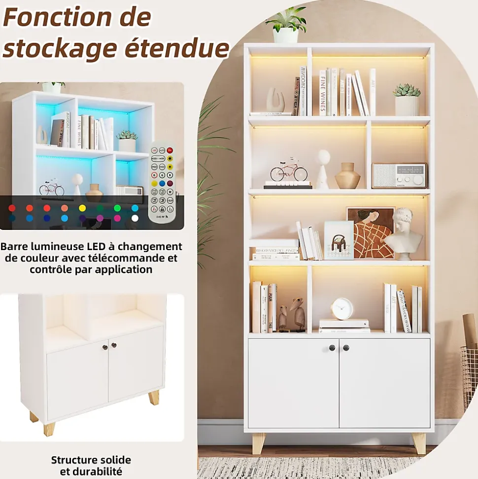 Bibliothèque - 4 Étagères - 2 Portes - Bois de Pin et MDF - Télécommande LED - 80 x 30 x 173 cm - Blanc