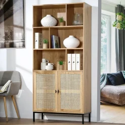 Bibliothèque 6 Cases et 2 Portes en Rotin Naturel H175cm - JAYA