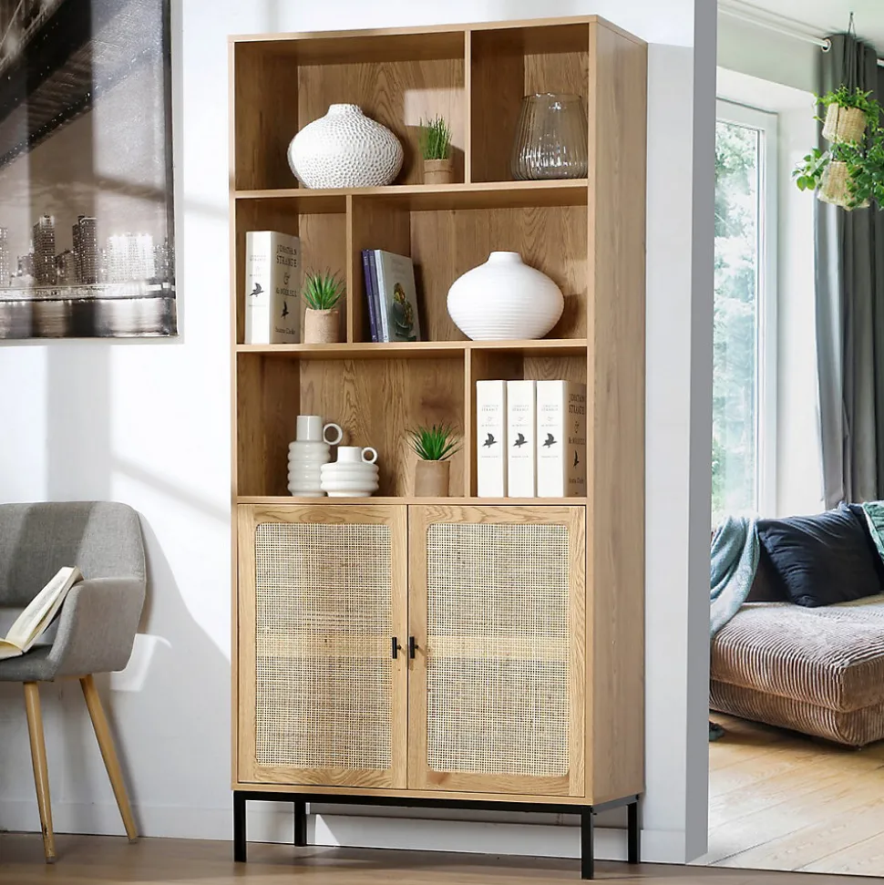 Bibliothèque 6 Cases et 2 Portes en Rotin Naturel H175cm - JAYA