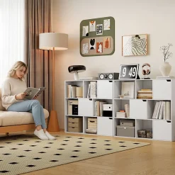 Bibliothèque 9 Cubes - Étagère 3 Portes et 6 Compartiments Ouverts, Panneau de Particules, Blanc