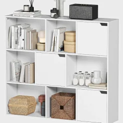 Bibliothèque 9 Cubes - Étagère 3 Portes et 6 Compartiments Ouverts, Panneau de Particules, Blanc