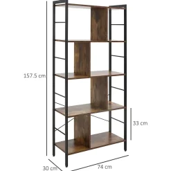 Bibliothèque 5 niveaux design industriel - dim. 74 x 30 x 157,5 cm - acier noir effet bois vieilli