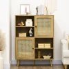 Bibliothèque 2 portes 4 niches style bohème chic cannage en rotin panneaux aspect chêne clair