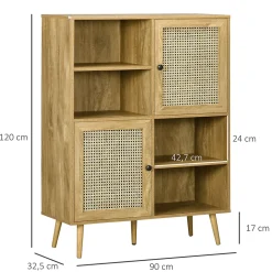 Bibliothèque 2 portes 4 niches style bohème chic cannage en rotin panneaux aspect chêne clair