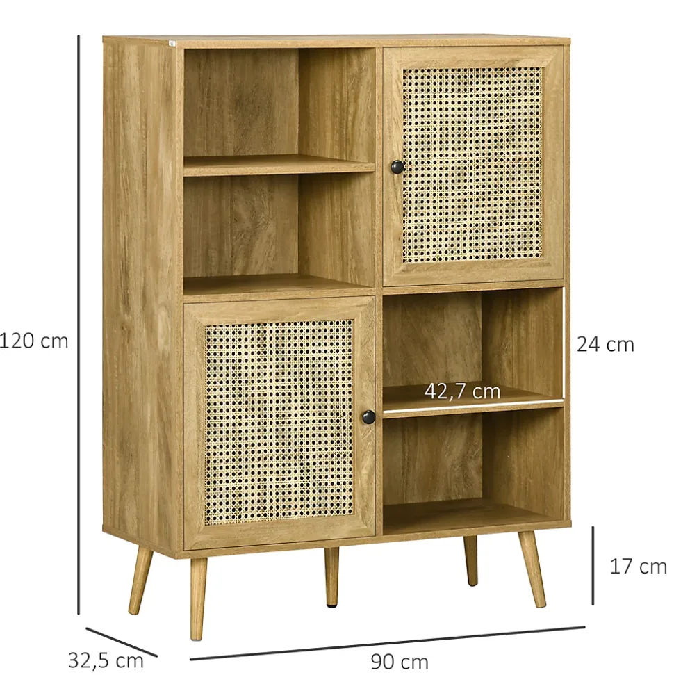 Bibliothèque 2 portes 4 niches style bohème chic cannage en rotin panneaux aspect chêne clair