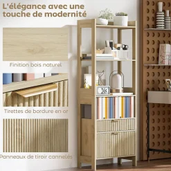 Bibliothèque 4 étagères 2 tiroirs effet cannelé poignées métal doré 60 x 30 x 160 cm aspect bois clair naturel