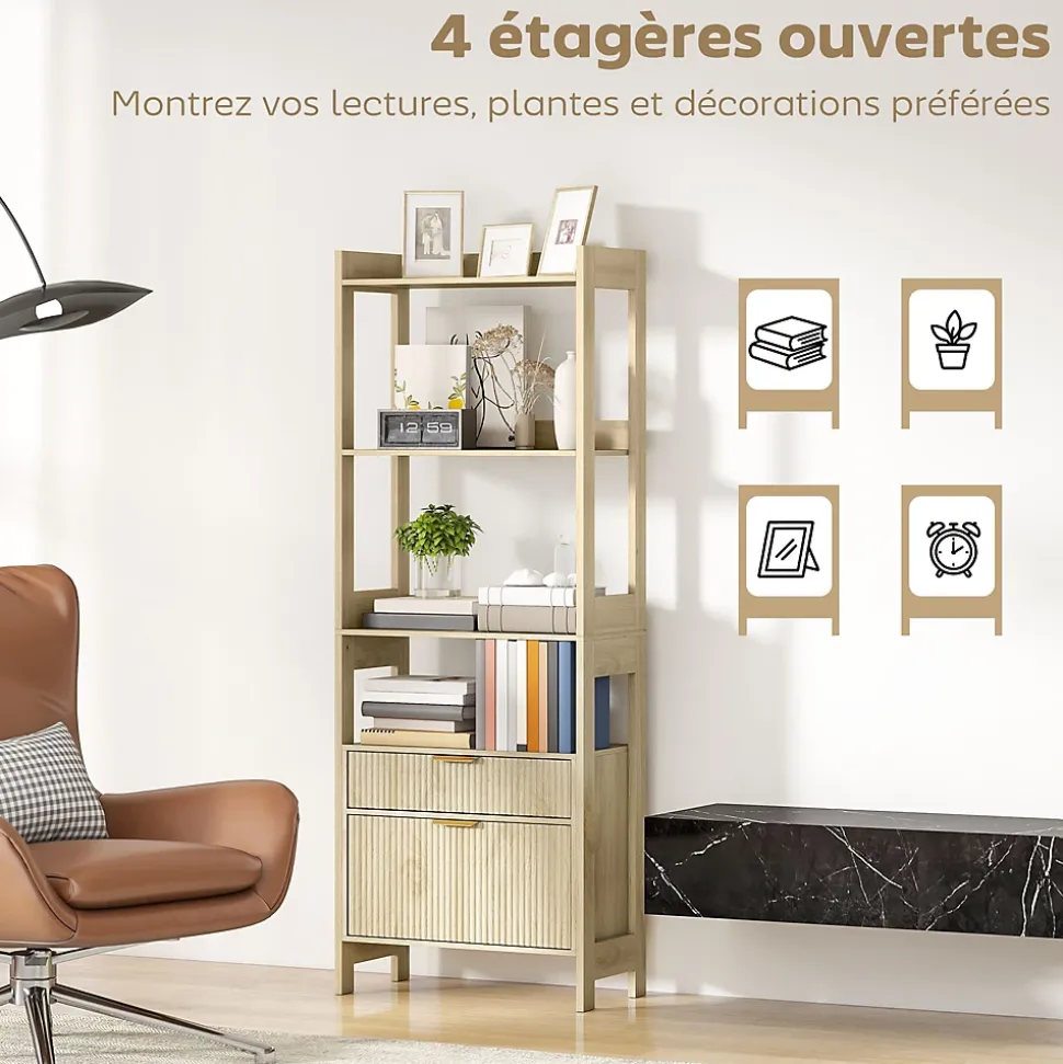 Bibliothèque 4 étagères 2 tiroirs effet cannelé poignées métal doré 60 x 30 x 160 cm aspect bois clair naturel