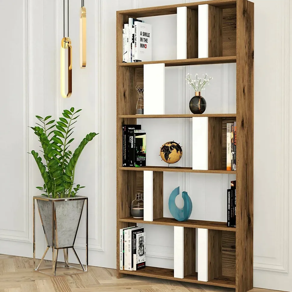 Bibliothèque Algieba, Etagère de bureau, Porte-livre mobile, Librairie, 90x20h180 cm, Noyer et Blanc