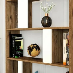 Bibliothèque Algieba, Etagère de bureau, Porte-livre mobile, Librairie, 90x20h180 cm, Noyer et Blanc