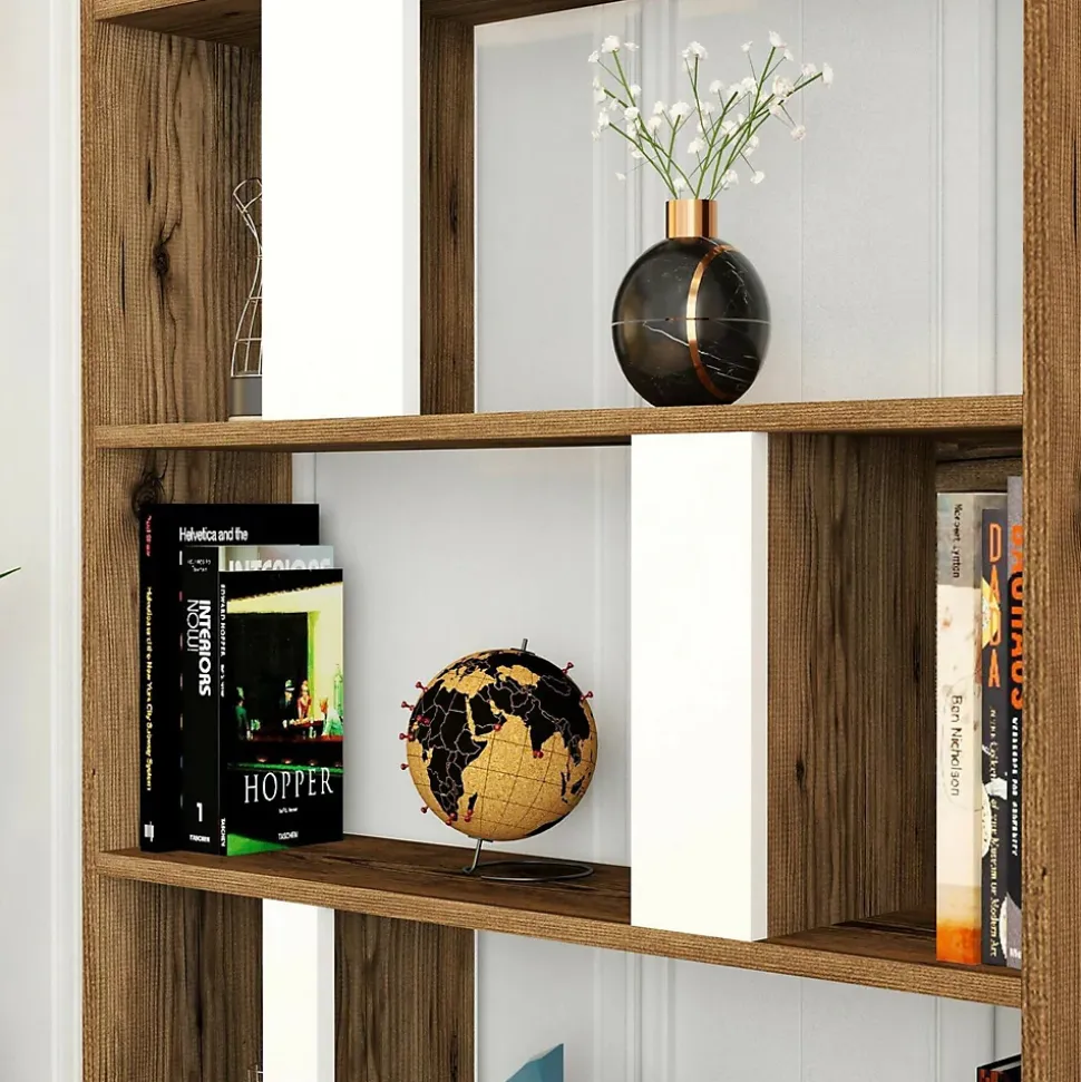 Bibliothèque Algieba, Etagère de bureau, Porte-livre mobile, Librairie, 90x20h180 cm, Noyer et Blanc