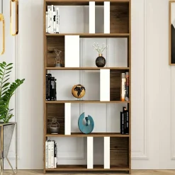 Bibliothèque Algieba, Etagère de bureau, Porte-livre mobile, Librairie, 90x20h180 cm, Noyer et Blanc