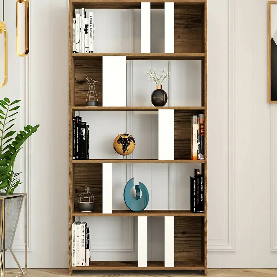 Bibliothèque Algieba, Etagère de bureau, Porte-livre mobile, Librairie, 90x20h180 cm, Noyer et Blanc