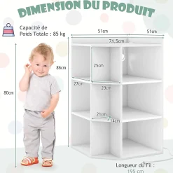 Bibliothèque angle avec Station de Charge 4 Prises 2 USB 3 Niveaux avec 9 Casiers pour Jouets Livres Blanc