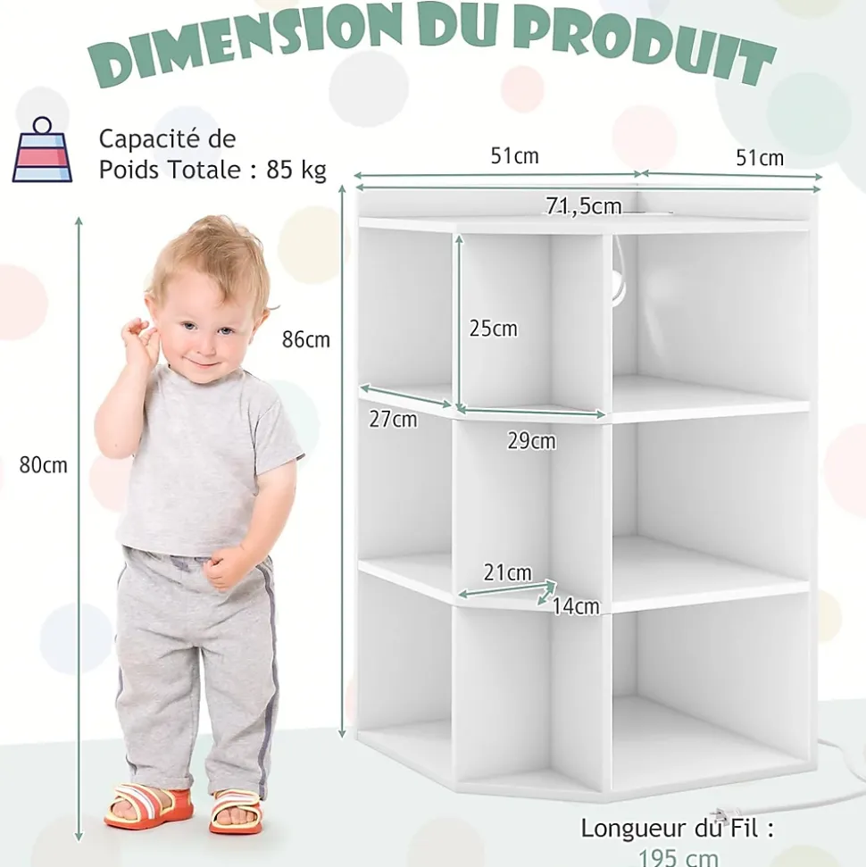 Bibliothèque angle avec Station de Charge 4 Prises 2 USB 3 Niveaux avec 9 Casiers pour Jouets Livres Blanc