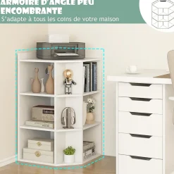 Bibliothèque angle avec Station de Charge 4 Prises 2 USB 3 Niveaux avec 9 Casiers pour Jouets Livres Blanc