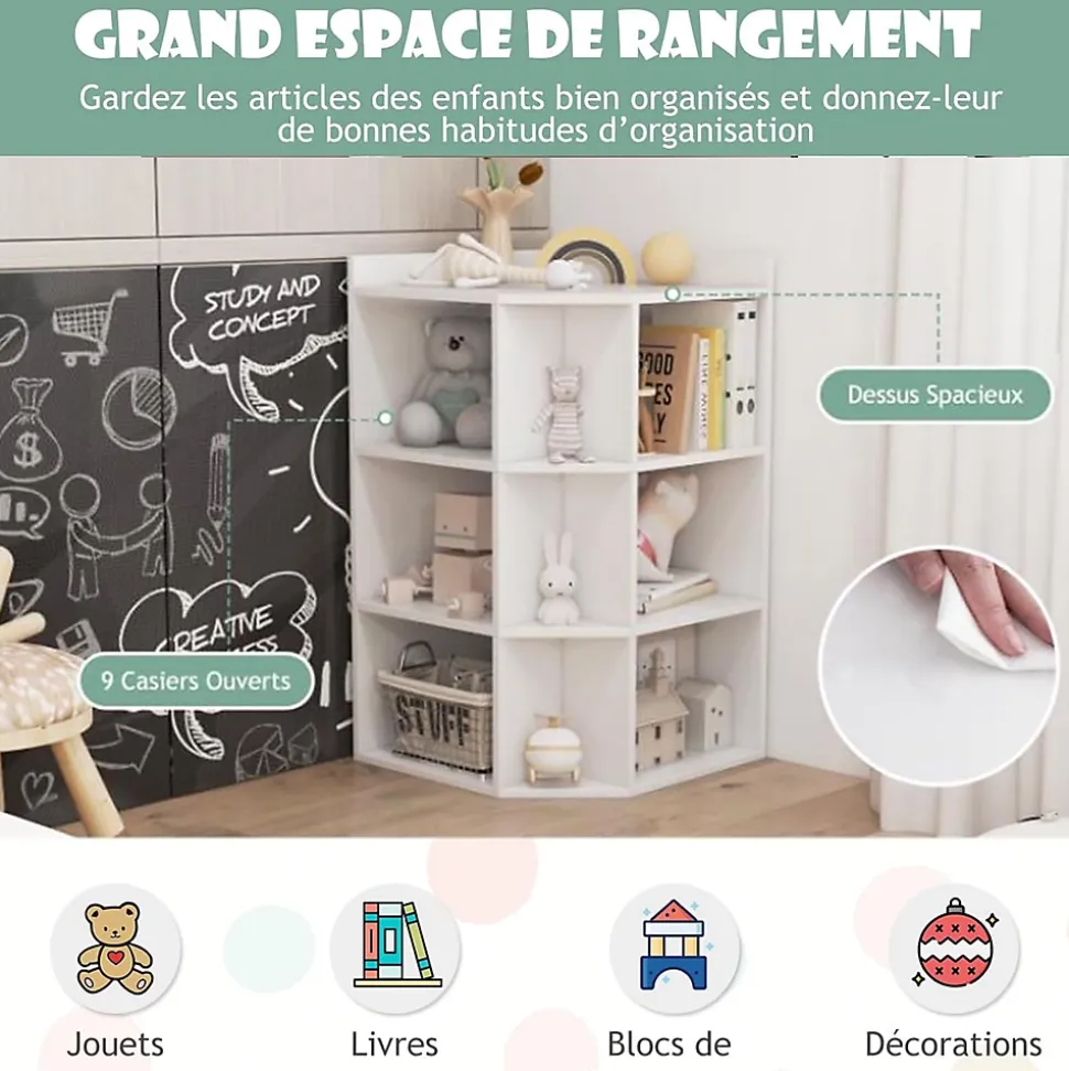 Bibliothèque angle avec Station de Charge 4 Prises 2 USB 3 Niveaux avec 9 Casiers pour Jouets Livres Blanc