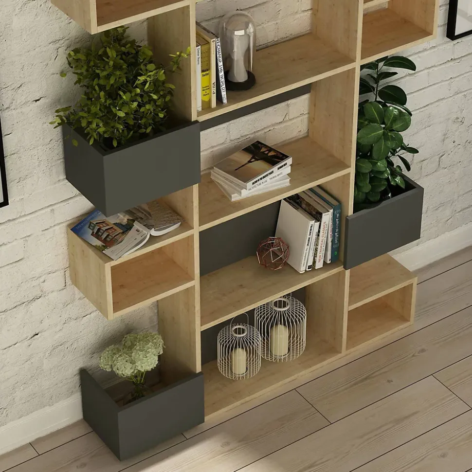 Bibliothèque Artich, Etagère de bureau, Porte-livre mobile, Librairie, 120x20h171 cm, Chêne et Anthracite