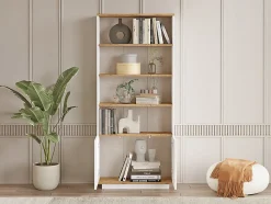Bibliothèque avec 2 portes et 4 niches - Blanc et naturel - LOTULA