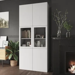 Bibliothèque blanche avec 2 portes vitrées GoodHome Atomia H. 225 x L. 100 x P. 47 cm