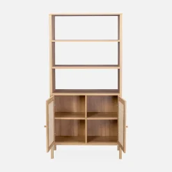 Bibliothèque décor bois et cannage - Bohème - 4 niveaux. 2 portes. 5 étagères